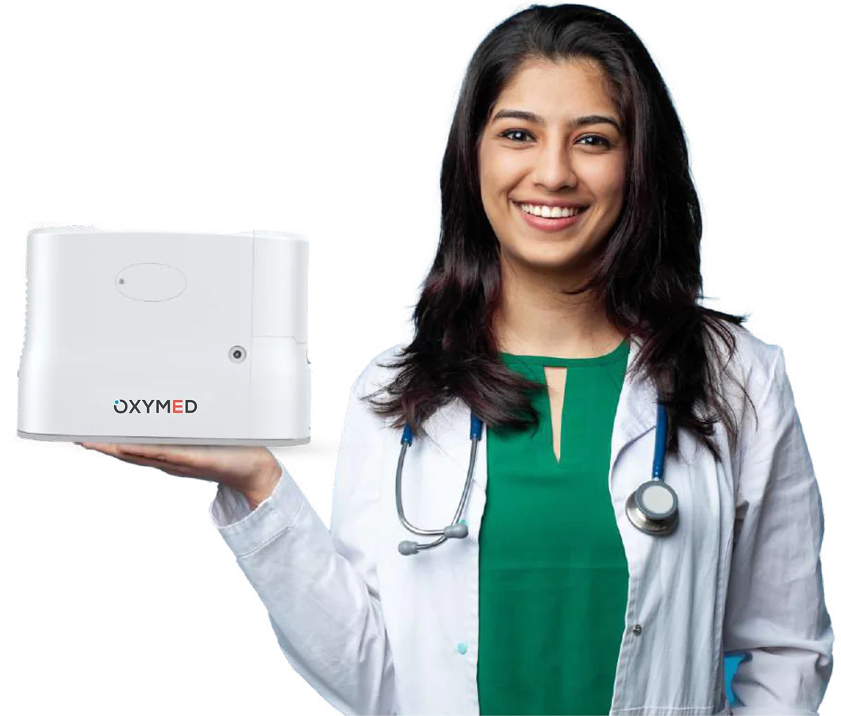 Doctor holding OXYMED Portable Oxygen Concentrator