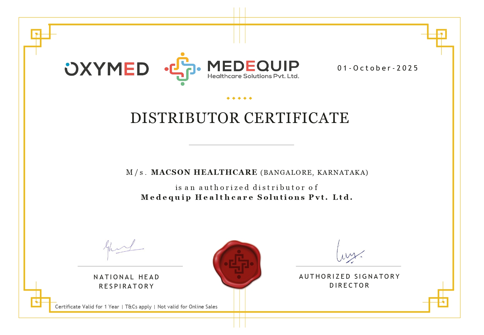 Macson Healthcare - Authorized Distributor Certificate from Medequip Healthcare Solutions